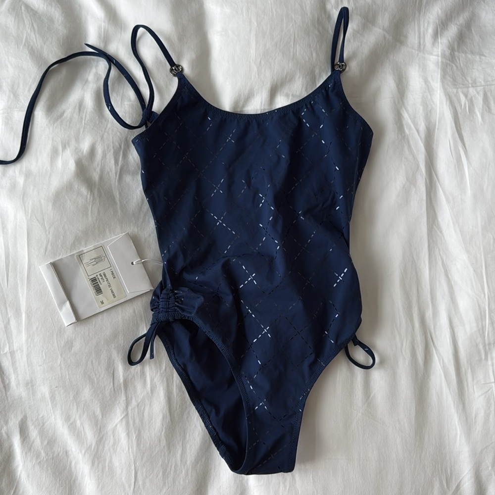 CHANEL Blue One Piece Swimsuit with Adjustable Straps